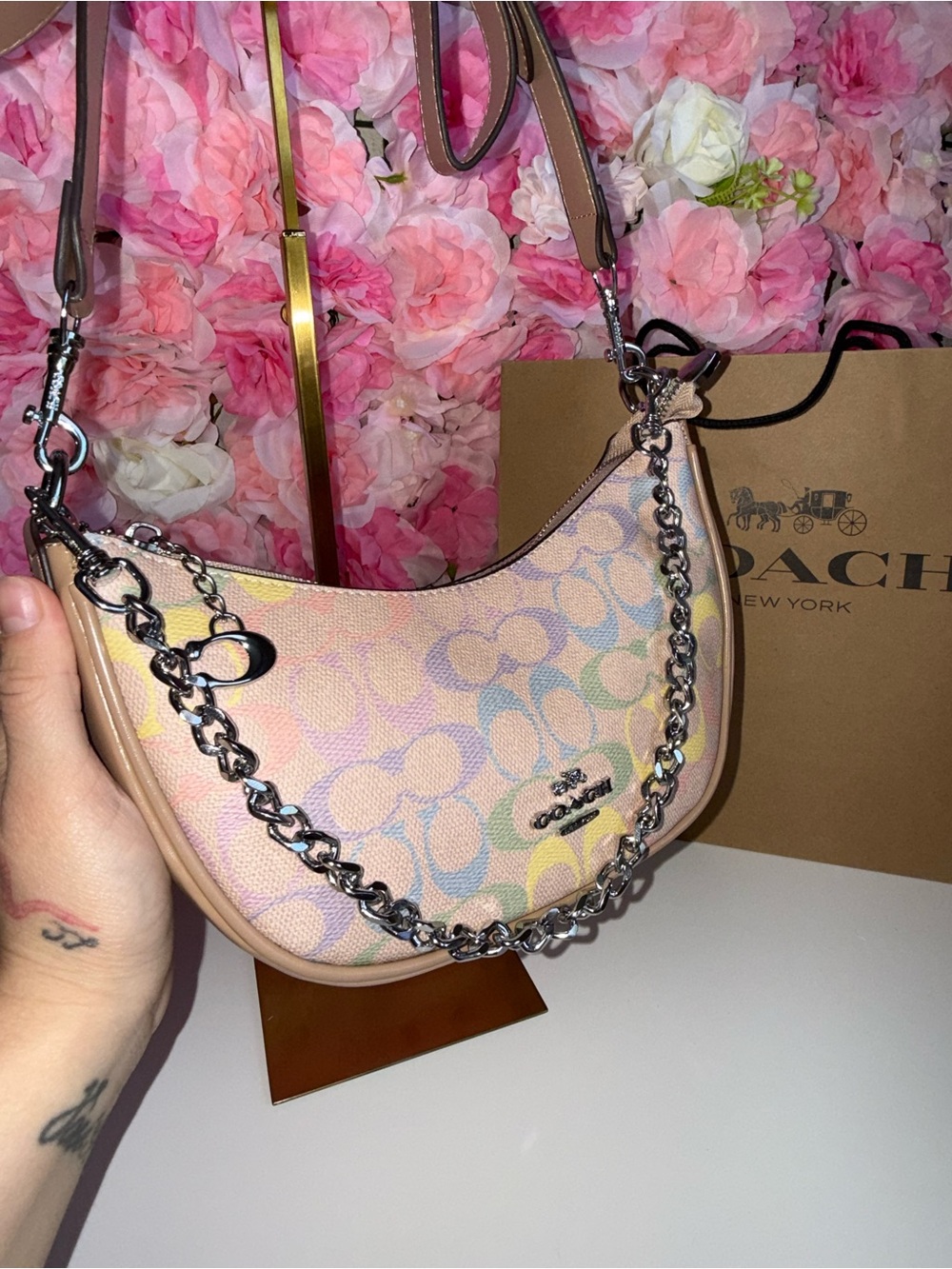 Coach Pastel Rainbow Signature Crescent Shoulder Bag - Pink/Beige